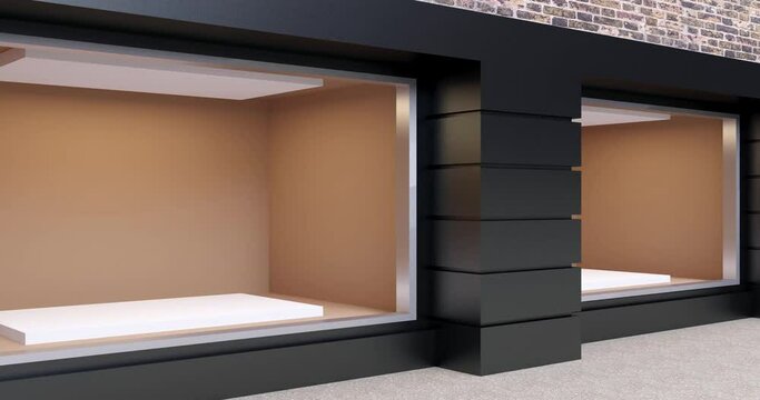 4k. the view of an empty shop window on red brick wall background