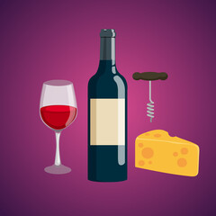 Glass of wine, bottle of wine, cheese and corkscrew. Restaraunt emblem.