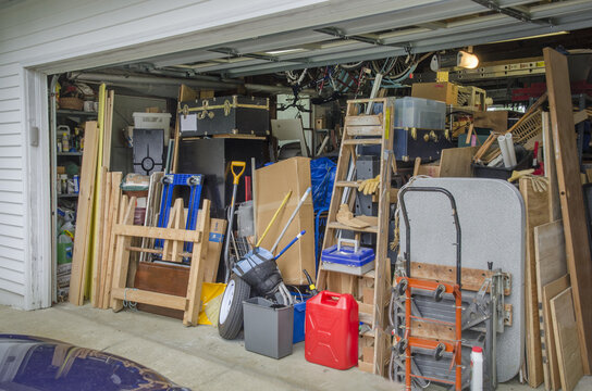 A garage full of storage items leaves no room for automobiles in Leonardtown, Maryland.