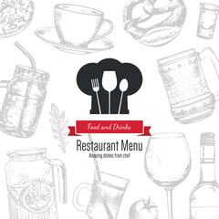 Restaurant menu design. Vector menu brochure template for cafe, coffee house, restaurant, bar. Food and drinks logotype symbol design. With a sketch pictures - 157409915