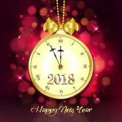 Fototapeta na wymiar 2018 New year dark pink background with vintage clock and golden bow. Vector illustration