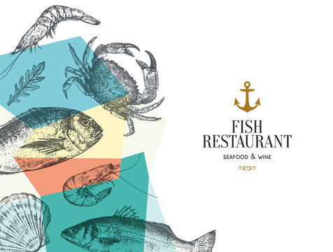 Fish restaurant menu design. Vector menu brochure template for cafe, coffee house, restaurant, bar. Food and drinks logotype symbol design. With a sketch pictures
