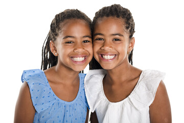 Two Adorable african twin girl on studio white background - obrazy, fototapety, plakaty