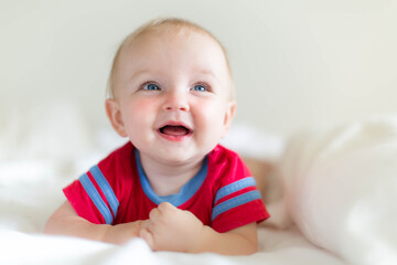 Happy adorable baby laughing and playing on soft white bed