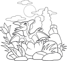 Cartoon cute pterodactyl hatched from egg