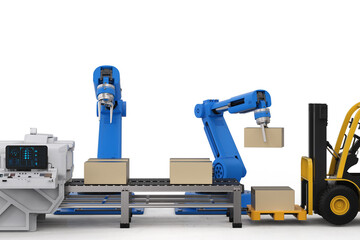 robot arms working with cardboard boxes and forklift truck