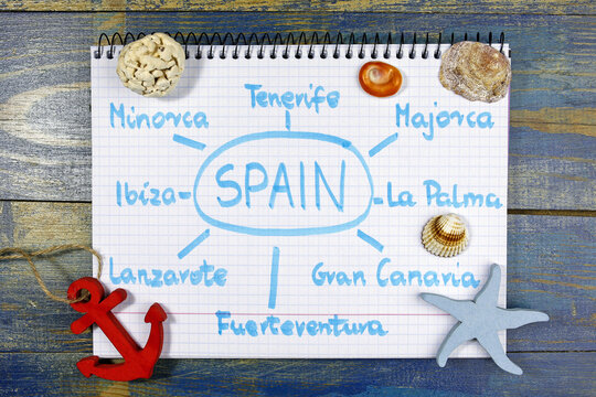 most popular spanish islands for summer vacations. written in notebook with sea theme decorations