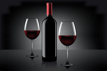 Two glasses of wine and bottle over gray background. Vector.
