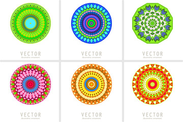 Floral emblems, round decorative ornaments, bright colorful mandala patterns set, eastern, islamic, muslim, indian circular symbols collection.
