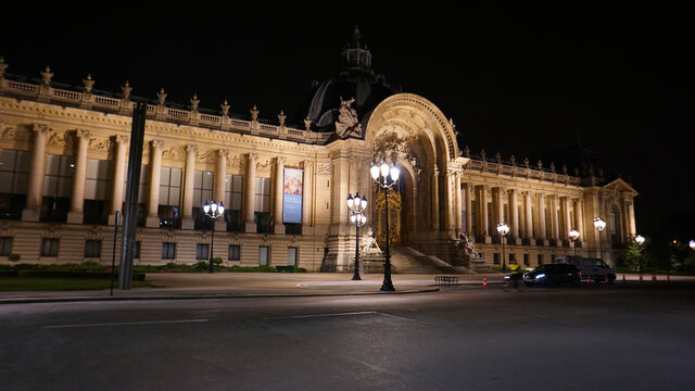 Night photo of famous Petit Palais, Paris, France