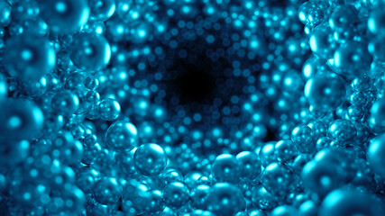 Many abstract 3d spheres on black background. Large group of grey orbs. Large resolution. Heap of pearl in closeup. Abstract bubbles with depth of field isolated on black background.