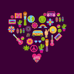icons set hippie scenery cartoon vector illustration design graphic