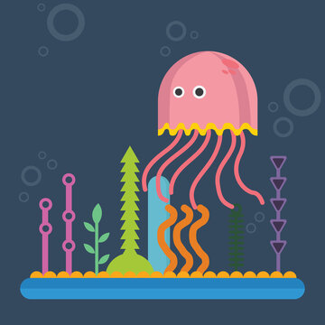 jelly fish character cartoon illustration vector with coral decoration