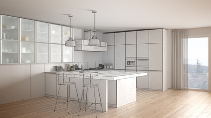 Unfinished project of modern kitchen with big window, sketch abstract interior design