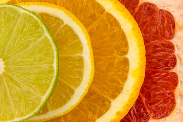 Four slices of citrus fruits, closeup background.
