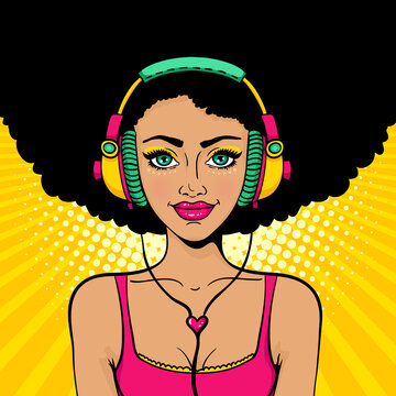 Pop art music. Young sexy girl with afro hairstyle in colorful headphones listening to the music with smile. Vector bright background in pop art retro comic style. Party invitation poster.