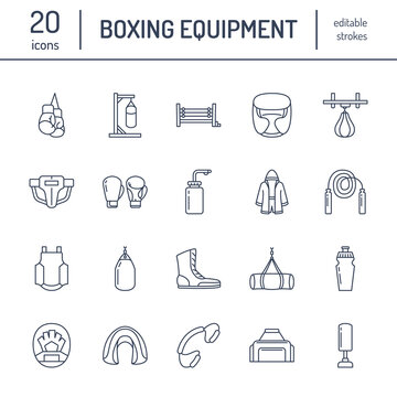 Boxing vector line icons. Punchbag, boxer gloves, ring, heavy bags, punching mitts. Sport training signs set, box championship pictogram with editable stroke for club, equipment store.