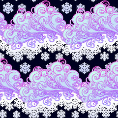 Fairytale style winter festive seamless pattern. Curly ornate clouds with a falling snowflakes. Christmas mood. Pastel palette. EPS10 vector illustration