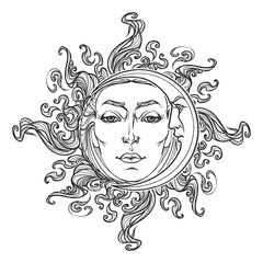 Fairytale style hand drawn sun and crescent moon with a human faces. Black and white graphic style decorative element for tattoo textile prints or greeting card design. EPS10 vector illustration.