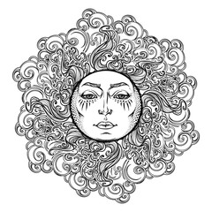 Mandala tattoo. Fairytale style sun with a human face surrounded by curly ornate clouds. Decorative element for coloring book textile prints or greeting card design. EPS10 vector illustration