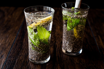 Detox Water with Chia Seeds, mint leaves and lemon.