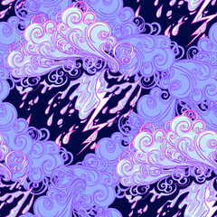 Seamless pattern. Retro style curly decorative clouds with rain drops and lightning. Decorative element for tattoo textile prints or greeting card design. EPS10 vector illustration