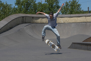 Skateboarder performing a kickflip