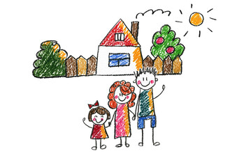 Kids drawing Happy family Mother, father, sister, brother Happy mom and dad with son and daughter Family house Children illustration with happy couple, kids, parents, house Home for my family Chalk