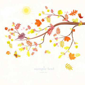 autumn invitation card with branch of tree and a cute bird for y
