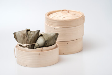 Zongzi in round bamboo crate