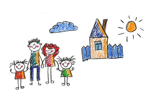 Kids drawing Happy family Mother, father, sister, brother Happy mom and dad with son and daughter Family house Children illustration with happy couple, kids, parents, house Home for my family Chalk
