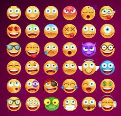 Obraz premium Set of Cute Emoticons on Dark Background. Isolated Vector Illustration 