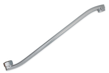 Nickel, silver or chrome spout for water tap, isolated on a white background, close up, top view.