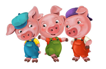 cartoon isolated young pigs in work outfit standing and looking on each other / isolated / illustration for children