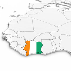 3D Map of Ivory Coast with Ivorian Flag on White Background 3D Illustration