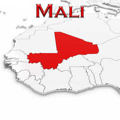 3D Map of Mali with Country Name Highlighted Red on White Background 3D Illustration