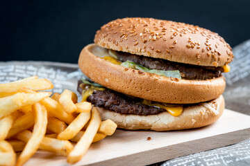Cheese burger - American cheese burger with Golden French fries
