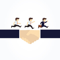 Businessman running on a handshake. Vector illustration.