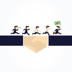 Businessmen running after money on a handshake. Vector illustration.