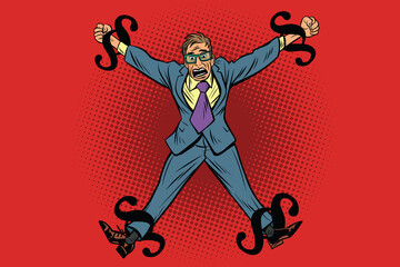 Businessman chained in legal rules, paragraphs as chain