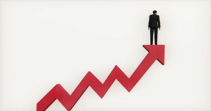 4k businessman standing on the top of 3d red positive trend arrow.