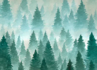 Fotobehang Hand getekende aquarel illustratie. Landschap van bewolkt, mystieke, naaldbos op ye mountaind. Wolk, mist, bomen, kou, winter © Юлия Гришина