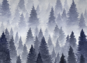 Ręcznie rysowane akwarela ilustracja. Krajobraz chmurnego, tajemniczego, iglastego lasu na zboczu góry. Chmura, mgła, drzewa, zimno, zima - 157428321