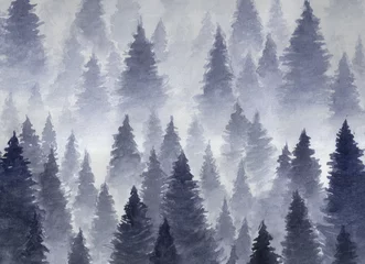 Fototapete Handgezeichnete Aquarellillustration. Landschaft des bewölkten, mystischen Nadelwaldes auf Ihrem Berg. Wolke, Nebel, Bäume, Kälte, Winter © Юлия Гришина