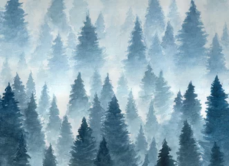  Hand getekende aquarel illustratie. Landschap van bewolkt, mystieke, naaldbos op ye mountaind. Wolk, mist, bomen, kou, winter © Юлия Гришина