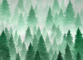 Ręcznie rysowane akwarela ilustracja. Krajobraz chmurnego, tajemniczego, iglastego lasu na zboczu góry. Chmura, mgła, drzewa, zimno, zima - 157428358