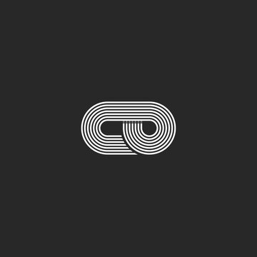 Letters co logo hipster monogram parallel lines style, combination c and o symbols together overlapping, black and white business card initials emblem mockup