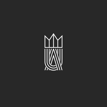 UA letters logo monogram and crown symbol, overlapping thin line shape, combination A and U marks, weaving linear design element for wedding card AU emblem