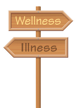 Wellness and Illness, written on wooden signposts in opposite directions, as a symbol for the two options health or disease. Isolated vector illustration on white background.