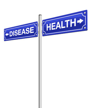 HEALTH and DISEASE, written on direction signs in opposite directions. Isolated vector illustration on white background.
